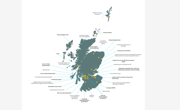 A map of Scotland showing Support in the Right Direction funded services