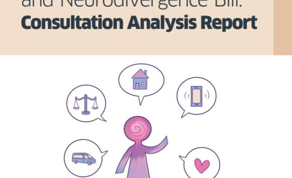 The front cover of the consultation analysis report from the Scottish Government, which has a picture of a cartoon person surrounded by 5 thought bubbles with the following items inside: coach bus, justice scales, house, mobile phone, and heart