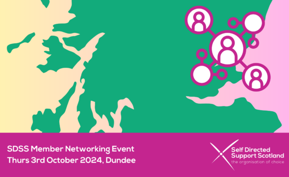 A graphic showing a map of Scotland with a symbol illustrating a network centred on Dundee